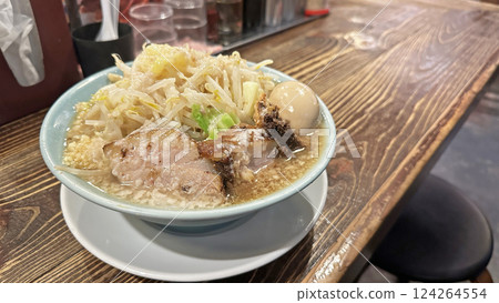 Jiro-style ramen with boiled egg topping 124264554