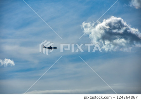 Airplane flying in a clear blue sky 124264867