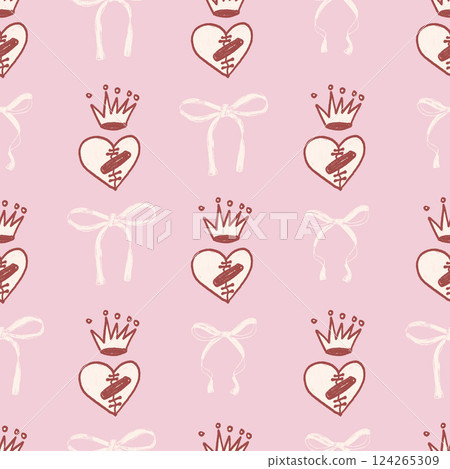 Coquette crayon seamless pattern. Girly marker endless background. Bow and broken heart with crown repeat cover. Crayon love continuous ornament. Vector hand drawn illustration 124265309