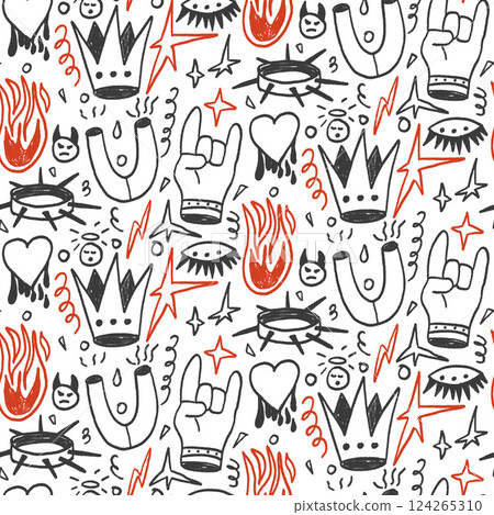 Girly punk rock crayon seamless pattern. Graffiti doodle marker endless background. Naive hors, fire, crown repeat cover. Crayon continuous black and red ornament. Vector hand drawn illustration Girly punk rock crayon seamless pattern. Graffiti doodle marker endless background. Naive hors, fire, crown repeat cover. Crayon continuous black and red ornament. Vector hand drawn illustration 124265310