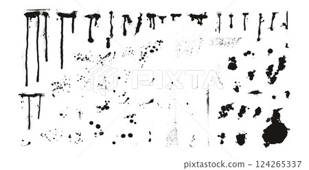 Grunge black paint stains. Wet graffiti blot shapes. Ink brush lines, spots and dust. Paintbrrush aerosol liquid slime. Messy rough blobs. Vector hand drawn ink splatters isolate on white background. 124265337