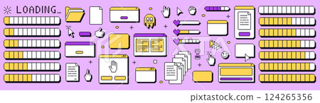 Pixel art loading windows interface. 8 bit browser and popup elements with pointers cursors, arrow and hands. Pixel screens y2k 90s style. Ui message borders figures. Vector illustration 124265356