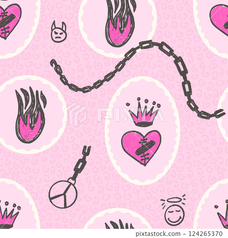Broken heart with crown seamless pattern. Coquette urban marker flame, chain endless background. Crayon oval scallop border continuous ornament. Surface pattern girly. Vector hand drawn illustration Broken heart with crown seamless pattern. Coquette urban marker flame, chain endless background. Crayon oval scallop border continuous ornament. Surface pattern girly. Vector hand drawn illustration 124265370