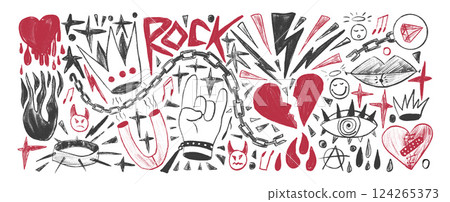 Rock and roll girly crayon drawn set. Punk charcoal breaking heart doodle background. Scribble grunge poster elements. Heart, crown and sketch graffiti art. Vector illustration by pencil isolated 124265373