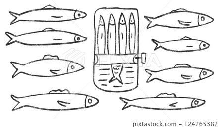 Sardines line doodle set. Canned fish hand drawn scribble. tinned fishes. Open sardine tin. Vector conserve eat illustration by pencil isolated on white background. Crayon or chalk naive seafood 124265382