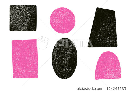 Ink rolled geometric shapes with noise set. Text boxes grainy textured frames pack. Oval, circle and square figures. Vector hand drawn quotation stickers shapes. Flat grunge geometric figures. 124265385