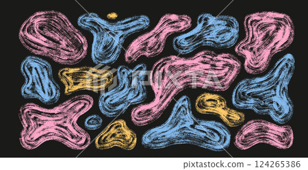 Organic rough shapes set. Irregular marker figures. Random abstract fluid paint. Uneven shape splashes. Wavy blob stains. Curvy liquid flat drops. Vector hand drawn pastel chalk illustration 124265386