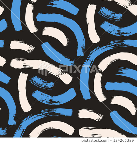 Brush paint curved lines seamless pattern. Bold stroke shapes endless background. Abstract repeat cover. Grunge arc continuous ornament. Vector hand drawn surface pattern design scribble motif 124265389