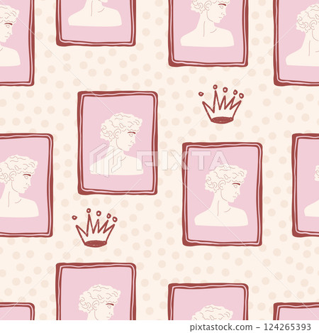 Greek statues portrait seamless pattern. Antique Roman goddess face sculpture on retro frame endless aop background. Rococo crayon crown surface pattern design motif. Vector hand drawn illustration Greek statues portrait seamless pattern. Antique Roman goddess face sculpture on retro frame endless aop background. Rococo crayon crown surface pattern design motif. Vector hand drawn illustration 124265393