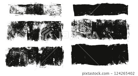 Grunge eroded line textures set. Ink roller background. Vintage rectangles imprint. Dry black brayer straight striped on white background. Painted relief stains. Vector lino eroded wide dirty form 124265402