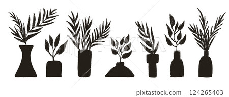 Vase with plant silhouette charcoal set. Flowerpot with leaves crayon pack. Vector hand drawn geometric simple collection illustration isolated on white background 124265403
