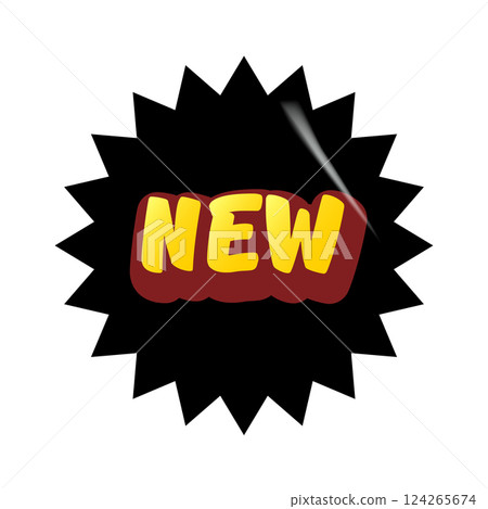 Black NEW vip modern round sticker with golden text isolated on white. Vip style black sticker, sale sticker, price tag, retro label, sale or discount sticker, promotional badge set, shopping label 124265674