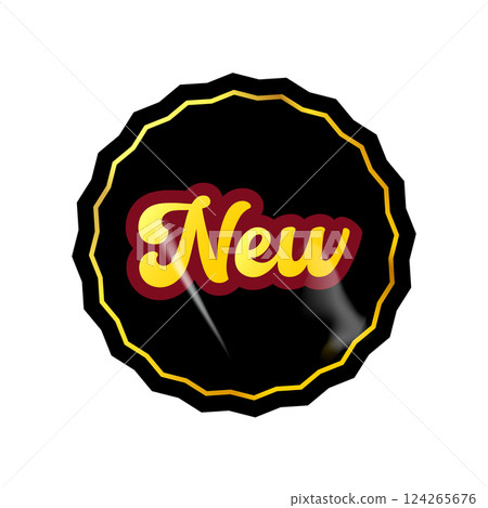 Black NEW vip modern round sticker with golden text isolated on white. Vip style black sticker, sale sticker, price tag, retro label, sale or discount sticker, promotional badge set, shopping label 124265676