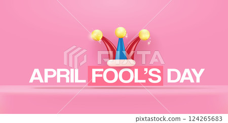 April fools day vector banner with funny clown hat and greeting text isolated on pink background. April fools day label, sticker and funky poster design template. Fools day logo and icon April fools day vector banner with funny clown hat and greeting text isolated on pink background. April fools day label, sticker and funky poster design template. Fools day logo and icon 124265683