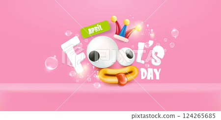 April fools day vector banner with funny clown hat and greeting text isolated on pink background. April fools day label, sticker and funky poster design template. Fools day logo and icon April fools day vector banner with funny clown hat and greeting text isolated on pink background. April fools day label, sticker and funky poster design template. Fools day logo and icon 124265685