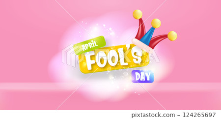 April fools day vector banner with funny clown hat and greeting text isolated on pink background. April fools day label, sticker and funky poster design template. Fools day logo and icon April fools day vector banner with funny clown hat and greeting text isolated on pink background. April fools day label, sticker and funky poster design template. Fools day logo and icon 124265697