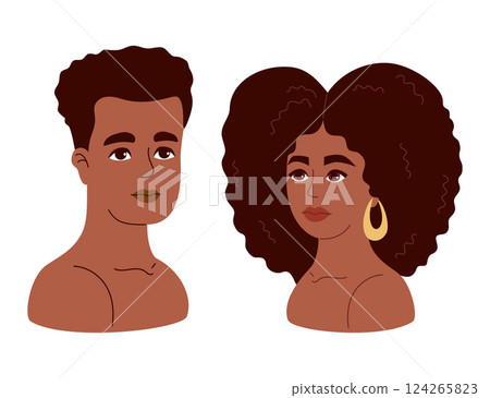 Cute African American woman with curly hairstyle and man. Isolated ethnicity portrait avatar. Vector illustration 124265823
