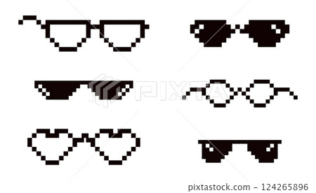 Pixel glasses 8 bit y2k, sunglasses. Meme icon, googgles. Mafia meme prank funny black hipster eyeglasses for gangster  124265896
