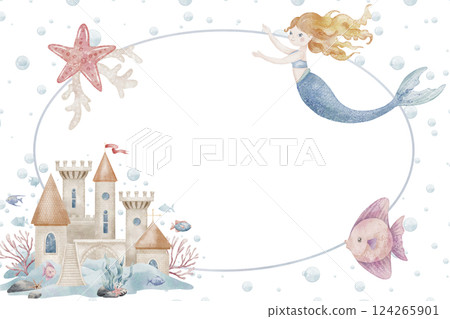 Watercolor Template with mermaid, fish, and an underwater castle. Illustration for kids invitations, childish greeting cards, or baby posters. Marine frame with underwater life for backgrounds. Watercolor Template with mermaid, fish, and an underwater castle. Illustration for kids invitations, childish greeting cards, or baby posters. Marine frame with underwater life for backgrounds. 124265901