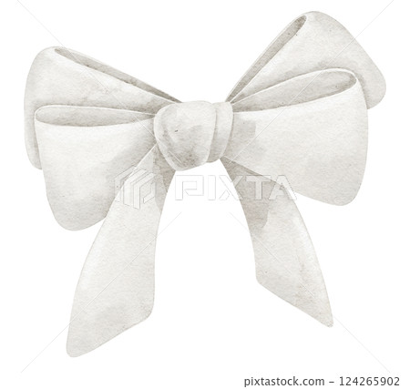 Watercolor illustration of a white fabric Bow. Drawing of Ribbon for childish greeting cards or baby shower invitations. Art for wedding decorations in pastel colors. Sketch of elegant knot. 124265902