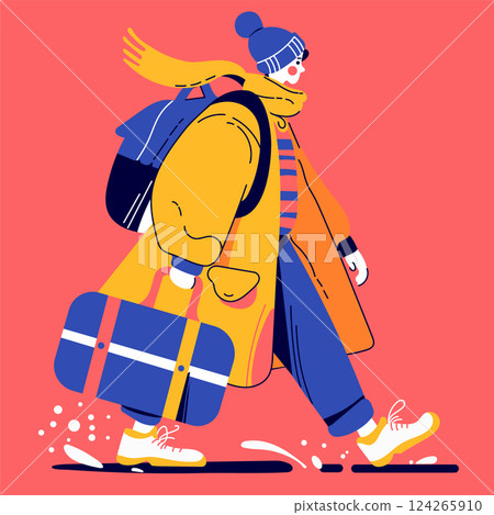 A simple flat illustration of a man traveling, depicted in a brush stroke style. He carries a backpack and exudes a sense of adventure, perfect for themes of exploration and wanderlust. 124265910