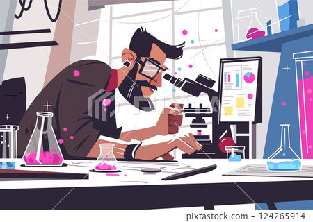 Simple flat vector illustration of male scientist in laboratory. He is surrounded by scientific equipment and test tubes, showcasing a modern and clean design that emphasizes research and innovation. Simple flat vector illustration of male scientist in laboratory. He is surrounded by scientific equipment and test tubes, showcasing a modern and clean design that emphasizes research and innovation. 124265914