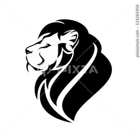 wild african lion profile head with long mane black and white vector portrait wild african lion profile head with long mane black and white vector portrait 124265956