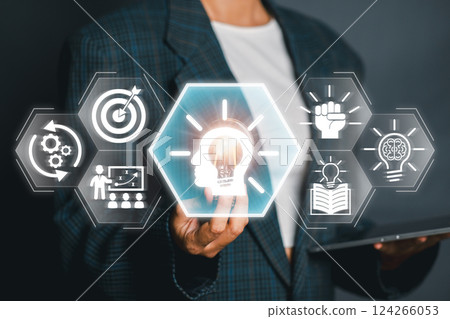 A modern representation of acquiring new skills with digital icons symbolizing learning, growth, and innovation. 124266053