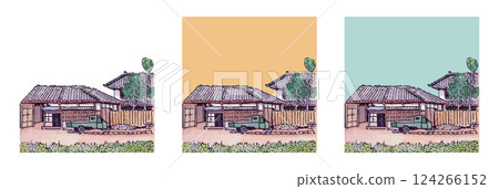 手繪水彩昭和復古鄉村風景集向量插圖廣場無背景鄉村瓦屋頂 124266152