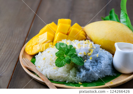Ripe Mango Sticky Rice is a classic Thai dessert that combines the natural sweetness of ripe mangoes with rich, creamy coconut-infused sticky rice Ripe Mango Sticky Rice is a classic Thai dessert that combines the natural sweetness of ripe mangoes with rich, creamy coconut-infused sticky rice 124266426