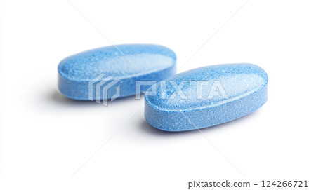 A close-up of a single blue vitamin tablet set against a clean white background. Generative AI 124266721