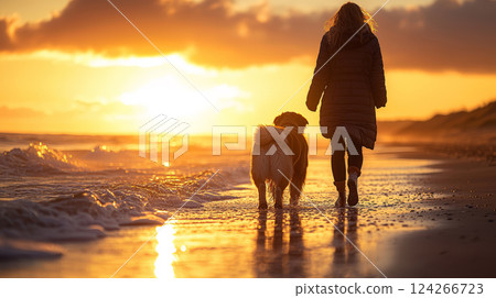 A breathtaking scene of a person walking along a serene beach at sunset, accompanied by a majestic large dog. Generative AI 124266723