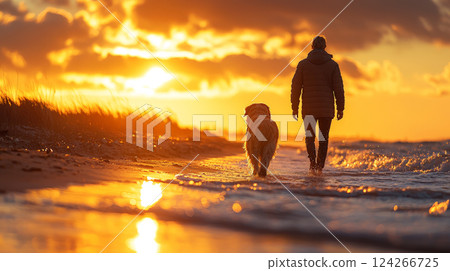 A breathtaking scene of a person walking along a serene beach at sunset, accompanied by a majestic large dog. Generative AI 124266725