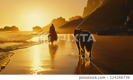 A breathtaking scene of a person walking along a serene beach at sunset, accompanied by a majestic large dog. Generative AI 124266736