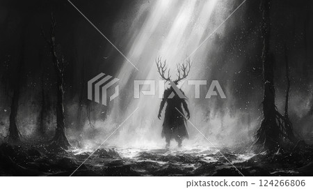 A haunting fantasy concept art of an evil deer-man warrior standing amidst a desolate forest of black, twisted trees and exposed roots. Generative AI 124266806