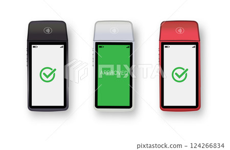 Vector 3D Realistic NFC Payment Terminal. Credit Card. Payment Machine. Template for Bank Payment Contactless Terminal. POS Terminal. 124266834