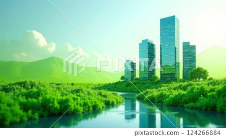 Harmonizing Nature and Urban Development: Eco-Friendly Cityscape Along a Tranquil River Harmonizing Nature and Urban Development: Eco-Friendly Cityscape Along a Tranquil River 124266884