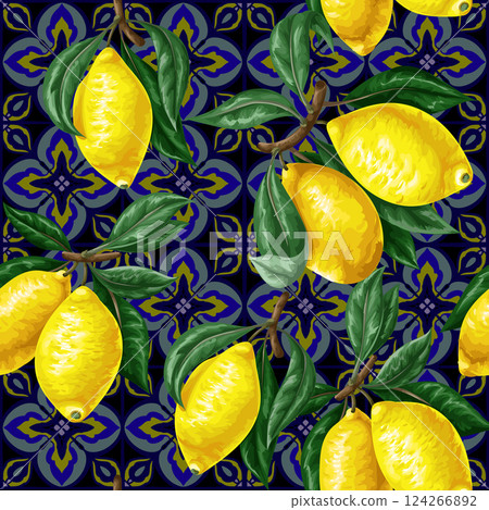 Seamless pattern with lemons and blue ornament. Vector 124266892