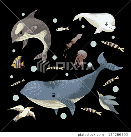 Sea habitants such as fishes, jellyfishes etc. Vector. 124266893