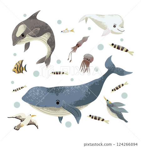 Sea habitants such as fishes, jellyfishes etc. Vector. 124266894