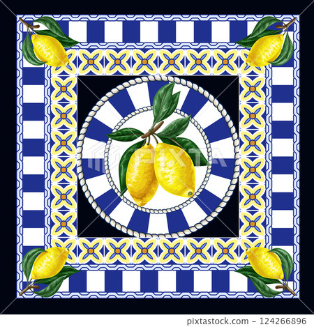 Design scarf with lemons and blue ornament. Vector. Design scarf with lemons and blue ornament. Vector. 124266896