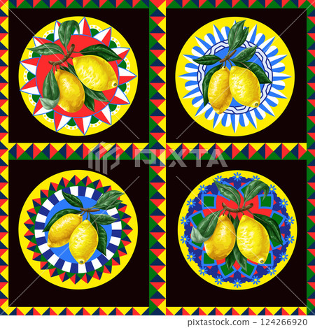 Seamless pattern with lemons and vivid tile ornament. Vector. Seamless pattern with lemons and vivid tile ornament. Vector. 124266920