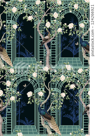 Seamless pattern with peacocks, peonies and alcove in chinoiserie style. Vector. 124266921