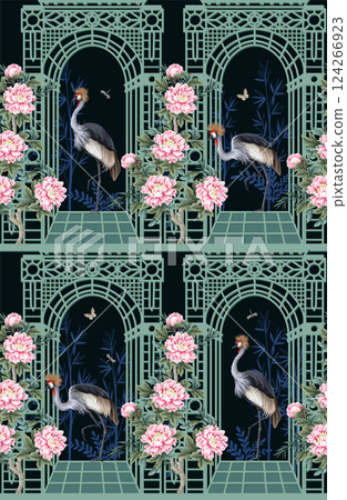 Seamless pattern with herons, peonies and alcove in chinoiserie style. Vector. 124266923