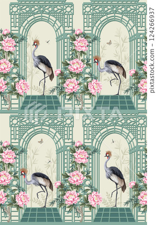 Seamless pattern with herons, peonies and alcove in chinoiserie style. Vector. Seamless pattern with herons, peonies and alcove in chinoiserie style. Vector. 124266937