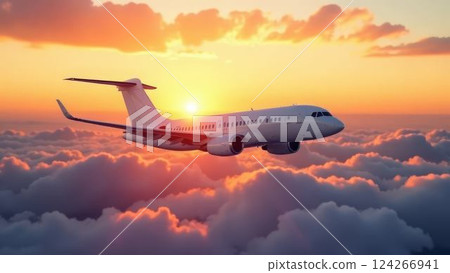 Airplane flying peacefully above clouds illuminated by the setting sun 124266941