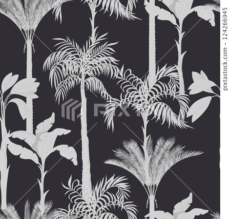 Seamless pattern with monochrome silhouette palms and tropical trees. Vector. Seamless pattern with monochrome silhouette palms and tropical trees. Vector. 124266945