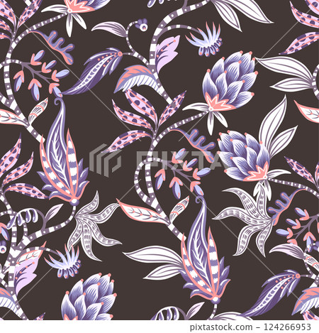 Chintz seamless pattern with flowers and leaves. Vector. 124266953