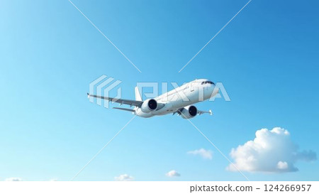commercial airplane ascending in clear blue sky, jet flight over fluffy cloud, travel and transportation concept, aviation industry 124266957