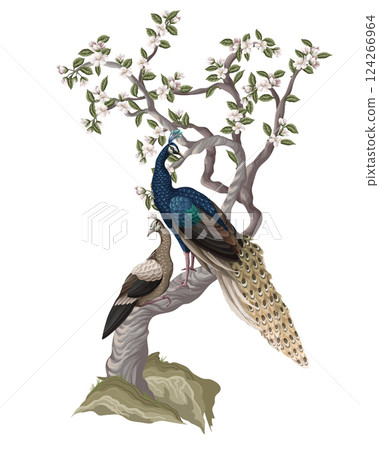 Chinoiserie mural with peacocks and flowers trees. Vector. 124266964